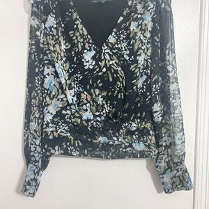 White House Black Market Wrap Blouse Long Sleeve White Black